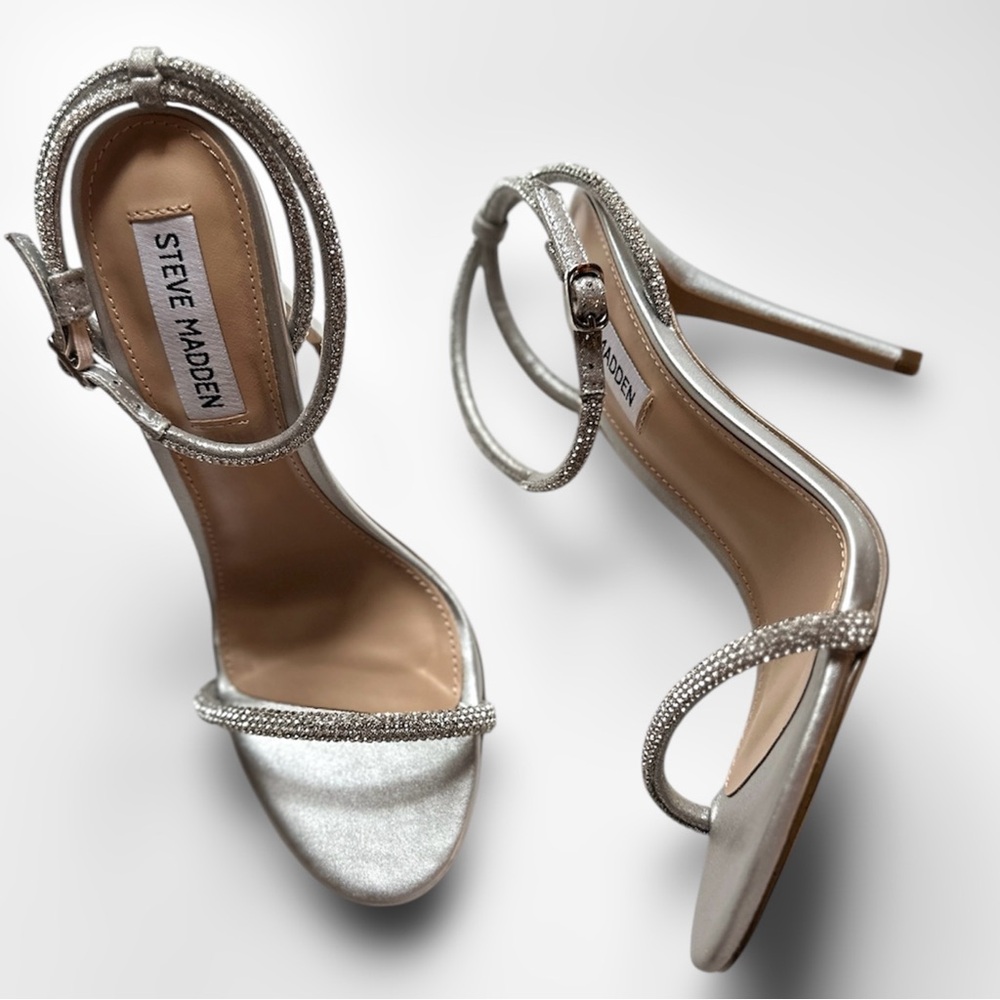 Steve Madden Breslin Strappy Silver Rhinestone Evening Heels - Women’s 6.5